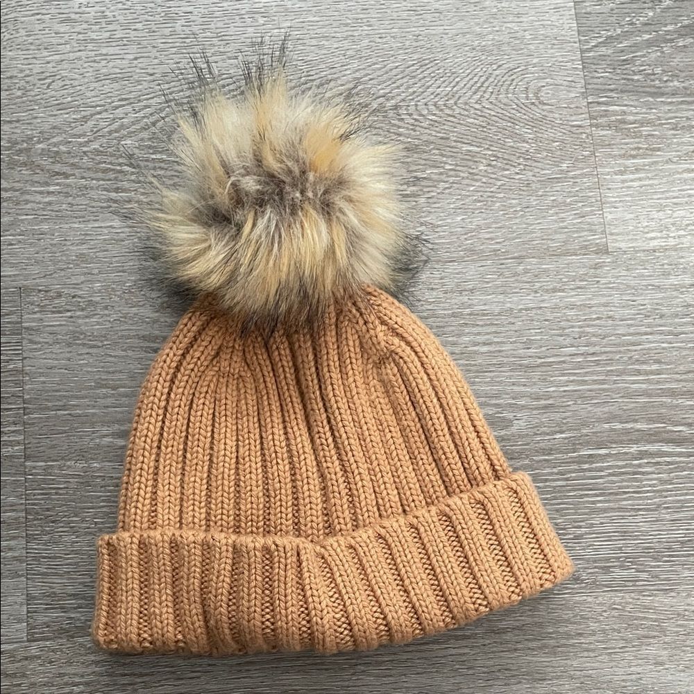 J.Crew Cozy Tan Knit Pom-Pom Beanie for Kids OS